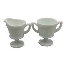 Westmoreland White Milk Glass Creamer Sugar Set English Diamond Hobnail Pedestal picture