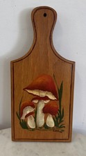 VTG Wood Bread Cutting Board Hand Painted Mushrooms Folk Art Signed Carol 1976 picture