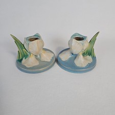 Vintage Roseville Iris 1939 Art Deco Pottery Ceramic Candle Holder Set Of 2  picture
