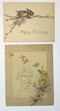 Antique Happy Birthday Card Lot Bird and Flower Theme 2pc Greeting Cards picture