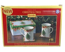 Spode Christmas Tree 5 Piece Tin Gift Set w/ Lid 2 Ceramic Mugs 2 Coasters NEW picture