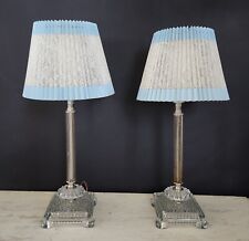 Vintage Pair Crystal Glass Boudoir Table Lamps Lace Shades Candlestick Hobnail picture