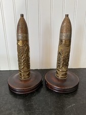Vintage Pair Of Hand Tooled Trench Art Shell Art Lamps Unwired picture