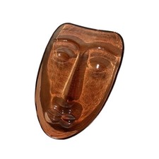 Vintage Amber Art Glass Face Mask Sculpture | Mid Century Modern Wall Art Object picture
