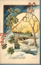 New Year's Shamrock Winter Landscape Winter Scene c1900s-10s Vintage Postcard picture