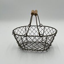 Vintage Metal Wire Basket Oval Small Wooden Handle Grips Primitive Farm Cottage picture