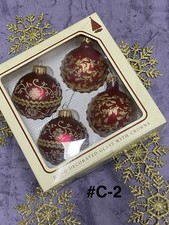 4 Vintage KREBS Ornaments BEAUTIFUL Red BULBS W/Gold GlLITTER Floral DESIGN #C-2 picture