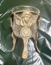 Vintage Brass Angel Candle Holder 3 Footed with Crackle Glass picture