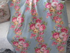 AMAZING True Nubby Barkcloth ROMANTIC Fabric PINK ROSES on Jadeite Blue/Green picture