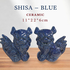 Rare Okinawan Shisa Pair Indigo Blue Ceramic Guardian Lions Lucky Charm Japan picture