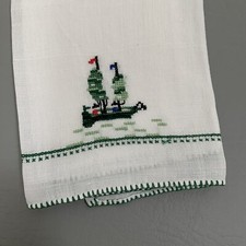 Vintage Hand Embroidered Ship Boat White Linen Tea Towel 9”x 14” picture