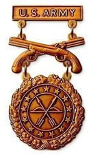 Army Excellence in Competion Bronze Pistols  USA Made Military Badge 2 Pins Back picture