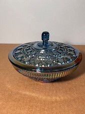 Vintage Indiana Carnival Glass Blue Candy Dish & Lid picture