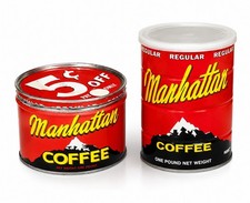 Vintage Manhattan Coffee Tins Lot of 2 St Louis 1 Lb 5¢ Off Advertising Cans picture