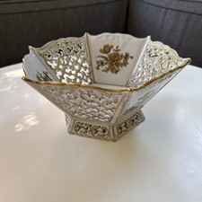 Vintage Pierced Porcelain Hexagonal Bowl White Gold Floral Trim Centerpiece picture