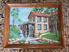 VINTAGE PBN FRAMED 60s MCM Water Mill Building Stream Paint By Number 14X18 picture