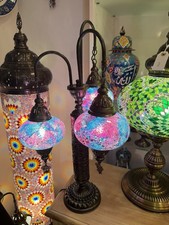 Turkish Mosaic Table Lamp 3 Globe Pink Blue Purple Glass Boho Moroccan Style picture