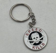 SPEED KILLS VTG STYLE SIGN Keychain Skull Crossbones Metal Enamel Biker Rat Rod picture