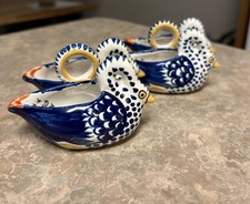 Vintage Henriot Quimper Open Salt Cellar French Faience Double Swans Signed 2 picture