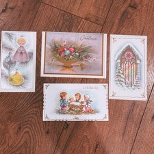 Vtg 4 Mid-Century Christmas Cards Nativity Stained Glass Glitter Inside Art picture