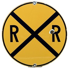 VINTAGE RAILROAD CROSSING RR PORCELAIN SIGN ROUND YELLOW TRAIN DEPOT RAILWAY picture