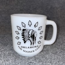 Glasbake Milk Glass Mug Oklahoma The Sooner State Native American Arrowhead USA picture