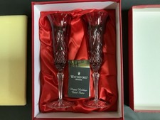 Waterford Crystal Pair of Ruby Red Happy Holidays Flutes Christmas Tree 7 3/4