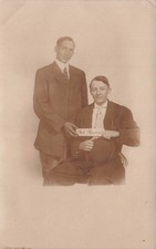 RPPC Two Men Not Married Sign Studio Portrait Photo Vtg Postcard 10A picture