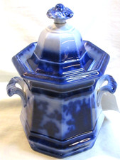ANTIQUE AMOY FLOW BLUE~OCTAGONAL SHAPED SUGAR BOWL~DAVENPORT, ENGLAND C 1800'S picture