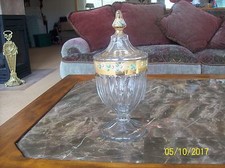 Victorian Clear Glass Covered Compote with Handpainted Enamel Flowers & Gold  picture