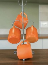 Vintage MCM Federal Glass Orange Milk Glass Coffee Mugs & Metal Tree Stand Set 4 picture