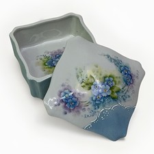Handpainted Porcelain Forget-Me-Not Flowers Covered Trinket Box Signed N. Albury picture