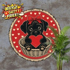 Black Puppy Red Heart Bow Tin Sign Cute Dog Lover Bedroom Wall Plaque 8x8 picture