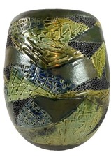Harold Long Cherokee Raku Art Pottery Vase Signed Textured Green Blue picture