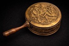 Antique Peerage England Brass Silent Butler w/ Lid Figural Scene Wood Handle VTG picture