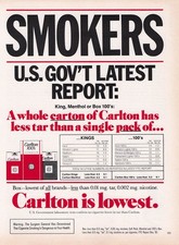 Vintage 1982 Carlton Cigarettes Print Ad Smokers U.S. Gov't Report Lowest Tar picture