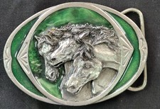 Vintage Bergamot Brass Works Equestrian Belt Buckle Pewter Green Enamel Horses  picture