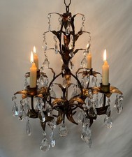 Vintage Gilt Tole Hanging Candelabra 4 Candle Holder Chandelier Crystal Prisms picture
