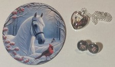 7 COASTERS WHITE HORSE w/CARDINAL+ 2 ARAB HEART PENDANTS + Pair PUPPY EARRINGS picture