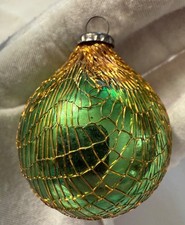 Vintage Small Green Glass W Gold Netting Feather Tree Christmas Ornament -Japan picture