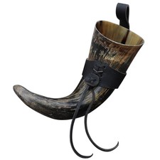 Distressed Raider Viking Drinking Horn Natural Buffalo Horn genuine Leather Hols picture