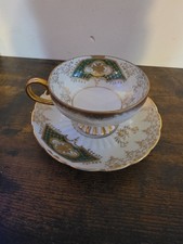 Vintage Royal Sealy China Teacup and Saucer Set Green Gold Gilt Japan Luster picture