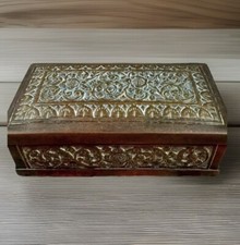 Antq REPOUSSÉ Hand Embossed Brass Trinket Box Elephant Bottom Art Nouveau Patina picture