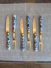 Antique Uchatius Bronze Austrian fruit Knives/Forks Blue Onion Porcelain Handles picture