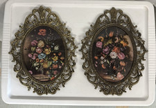 Vintage Pair Italian Style Ornate Brass Oval Frames Floral Prints Convex Glass picture