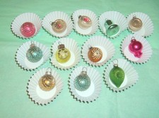 12 Vtg Feather Tree Glass Mini Xmas Ornaments Indent Mesh Merc Bell Stencil picture