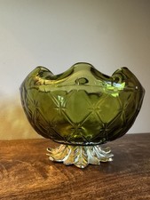 Indiana Green Glass Metallic leaf Base Quilted Duette Pattern rose Bowl 1960s picture