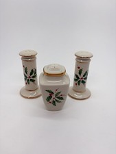 Lenox Holiday Salt & Pepper Shakers set of 3 Ivory Holly Gold Trim Christmas picture