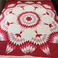 Vintage Handmade Lone Star Quilt 70x80 Red Pink White Hand Quilted  picture