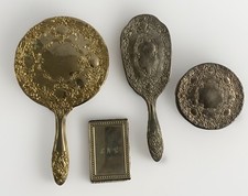 VTG Vanity Set Silver Plated Mirror Brush Address Book Victorian Boudoir Lot /4 picture